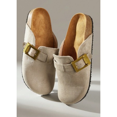 Chaussures femme sabot boucle miss clogs beige et or