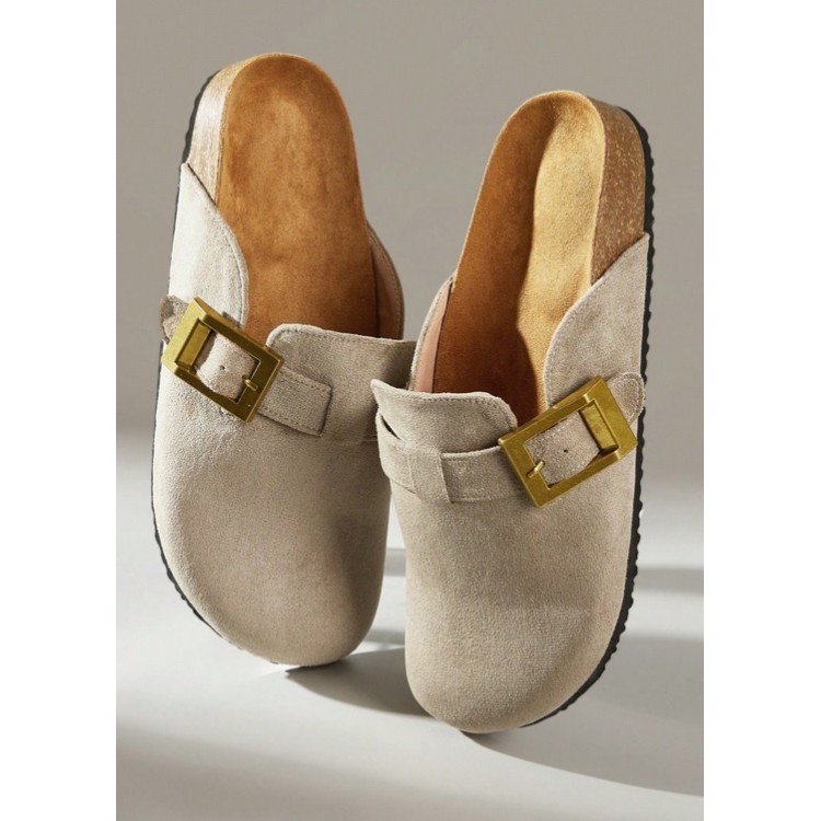 Chaussures femme sabot boucle miss clogs beige et or