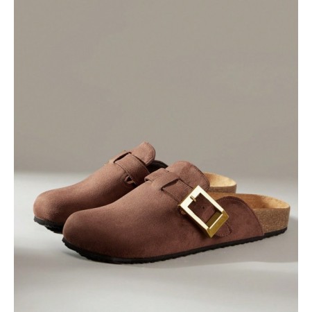 Chaussures femme sabot boucle miss clogs marron et or