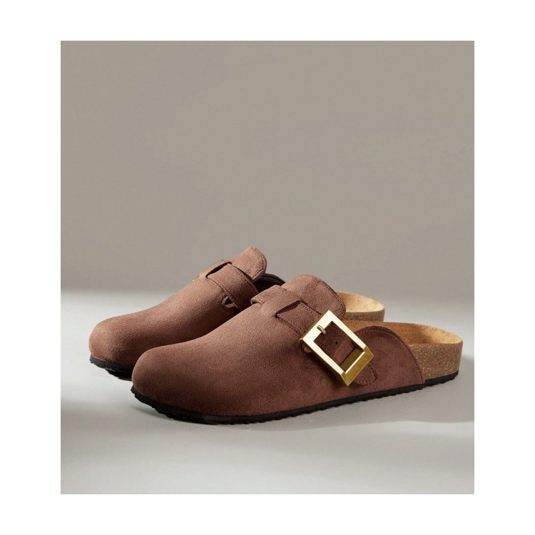 Chaussures femme sabot boucle miss clogs marron et or