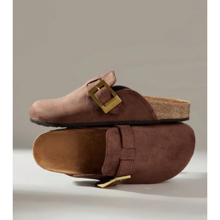 Chaussures femme sabot boucle miss clogs marron et or