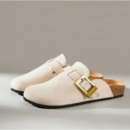 Chaussures femme sabot boucle miss clogs blanc cassé et or