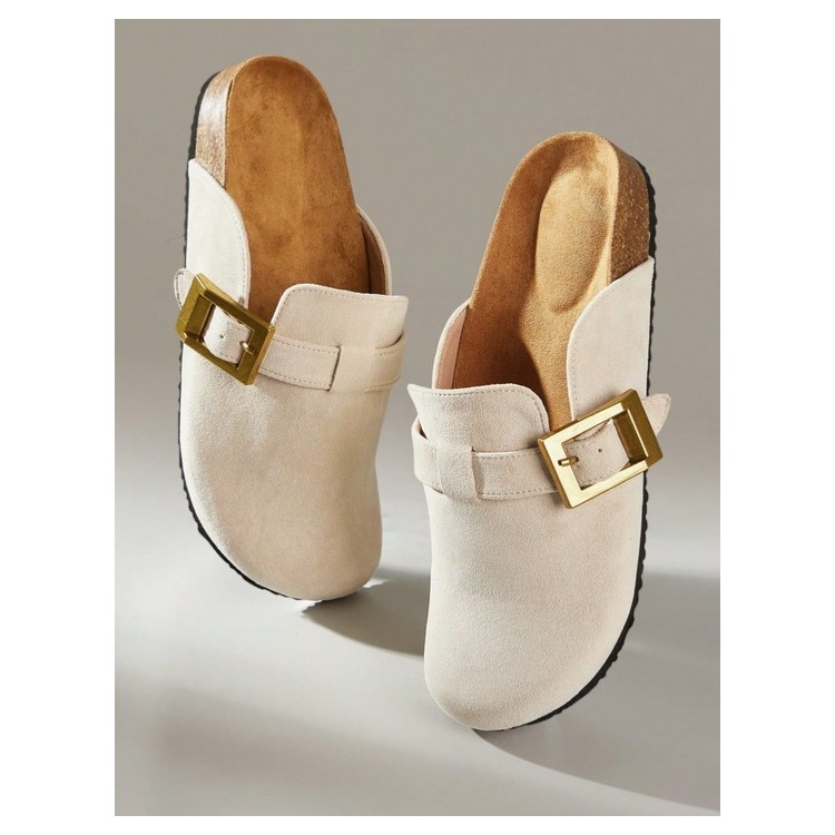 Chaussures femme sabot boucle miss clogs blanc cassé et or
