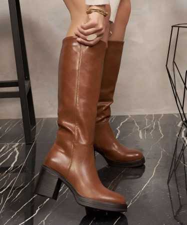 CHAUSSURES FEMME BOTTES MI HAUTES TALON CARRE MISS CARAMEL