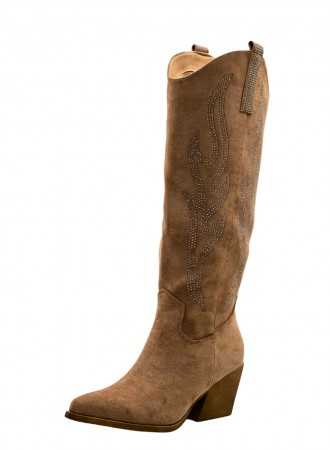 CHAUSSURES FEMME BOTTES HAUTES WESTERN STRASS TALON MISS KASSIDY TAUPE