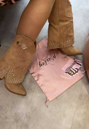 CHAUSSURES FEMME BOTTES MI HAUTES CAMEL CLOUTEE MISS REBECCA