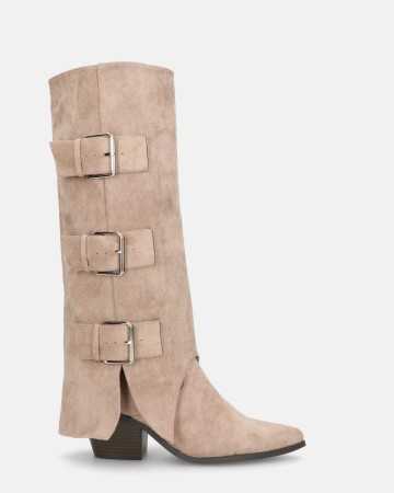 CHAUSSURES FEMME BOTTES HAUTES WESTERN SUEDINE BOUCLES MISS RAHEL BEIGE