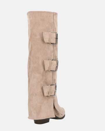 CHAUSSURES FEMME BOTTES HAUTES WESTERN SUEDINE BOUCLES MISS RAHEL BEIGE