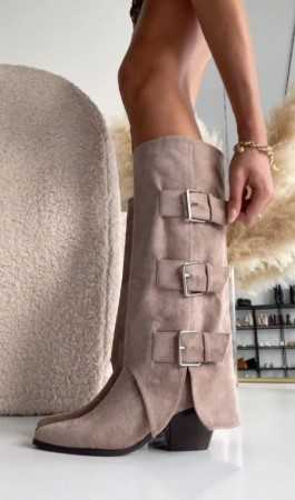 CHAUSSURES FEMME BOTTES HAUTES WESTERN SUEDINE BOUCLES MISS RAHEL BEIGE