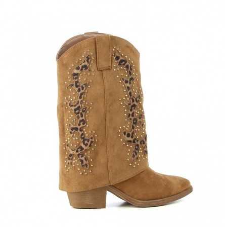 CHAUSSURES FEMME BOTTINES WESTERN CAMEL LEOPARD MISS KELLIA