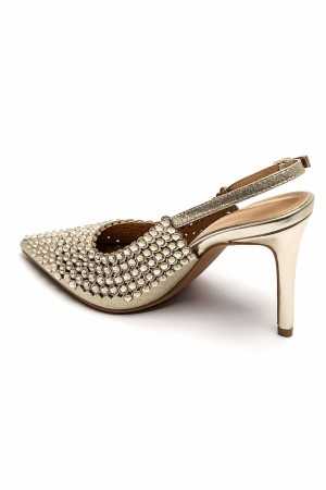 escarpins dorés, chaussures à strass, escarpins de soirée, chaussures élégantes femme, talons dorés