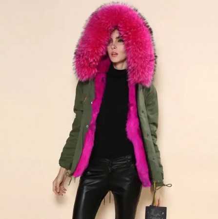 MANTEAU PARKA CAPUCHE FOURRURE ROSE FUSCHIA HIVERS 2024 RENARD REAL FUR FOX FUR PINK COAT