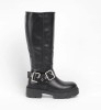 Bottes noires cuir, bottes avec boucles, chaussures femme hiver, bottes rock chic, bottes confortables tendance.