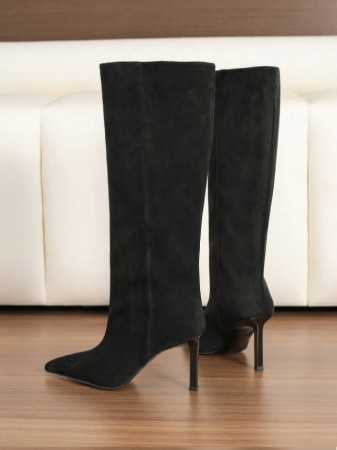 bottes hautes noires, bottes en daim, bottes talons fins, bottes élégantes femme, chaussures tendance 2025