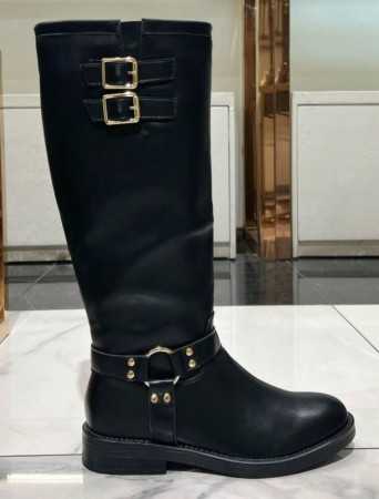 Bottes de combat pour femmes en imitation cuir noir, bottes d'équitation avec boucle de harnais