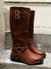 Bottes de combat pour femmes en cuir imitation camel, bottes d'équitation avec boucle de harnais