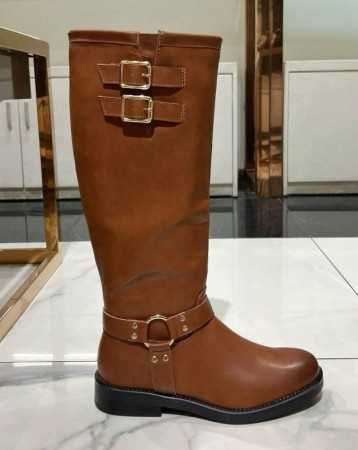 Bottes de combat pour femmes en cuir imitation camel, bottes d'équitation avec boucle de harnais