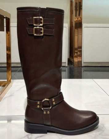 Bottes de combat pour femmes en cuir synthétique choco, bottes d'équitation avec boucle de harnais