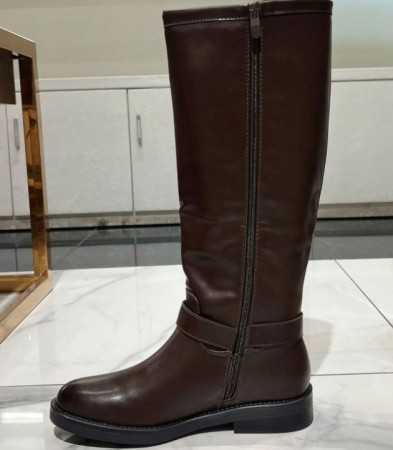 Bottes de combat pour femmes en cuir synthétique choco, bottes d'équitation avec boucle de harnais