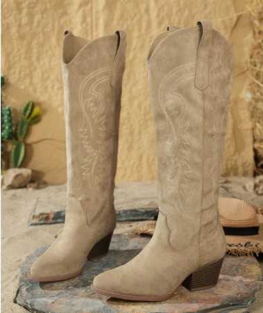 Chaussures femme bottes western taupe suede cowboy