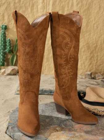 Chaussures femme bottes western camel suedine suede daim talon