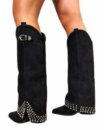 Sublimes bottes bottines mi haute cloutées style western coachella boots talons confortables noir misskcy