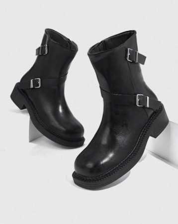 Bottes mi-mollet à bout rond noires avec double sangle et fermeture éclair latérale