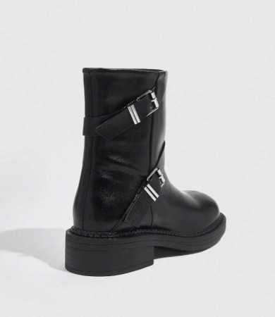 Bottes mi-mollet à bout rond noires avec double sangle et fermeture éclair latérale