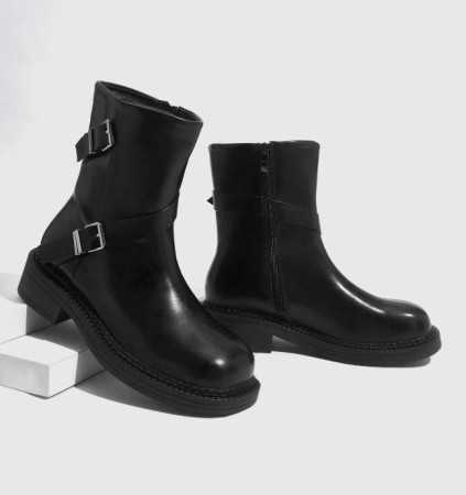 Bottes mi-mollet à bout rond noires avec double sangle et fermeture éclair latérale