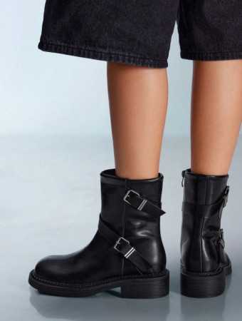 Bottes mi-mollet à bout rond noires avec double sangle et fermeture éclair latérale