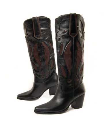 CHAUSSURES FEMME BOTTES MI HAUTES WESTERN BI COLOR CHOCO MISS WENDY