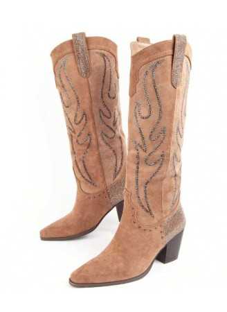 CHAUSSURES FEMME BOTTES MI HAUTES WESTERN MISS WANDA CAMEL STRASS