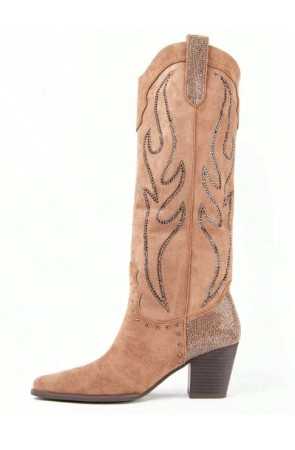 CHAUSSURES FEMME BOTTES MI HAUTES WESTERN MISS WANDA CAMEL STRASS