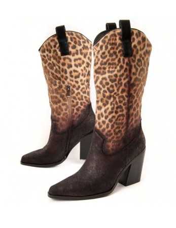 CHAUSSURES FEMME BOTTES MI HAUTES WESTERN MISS ELIZA LEOPARD