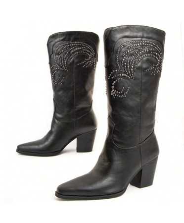 CHAUSSURES FEMME BOTTES MI HAUTES WESTERN MISS TASHA CLOUTEE NOIR