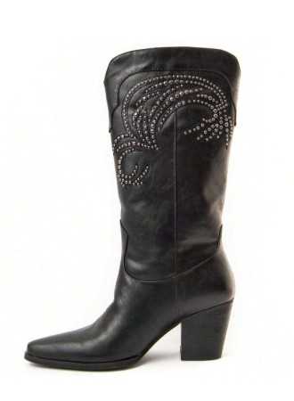 CHAUSSURES FEMME BOTTES MI HAUTES WESTERN MISS TASHA CLOUTEE NOIR