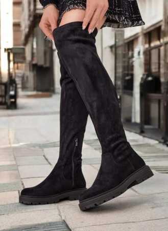 CHAUSSURES FEMME BOTTES HAUTES CUISSARDES PLATES SIMILI DAIM INTEMPORELLES MISS ARIANA NOIR