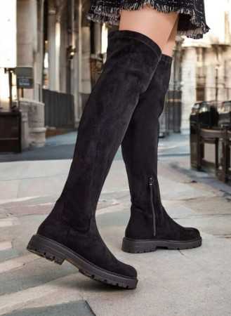 CHAUSSURES FEMME BOTTES HAUTES CUISSARDES PLATES SIMILI DAIM INTEMPORELLES MISS ARIANA NOIR