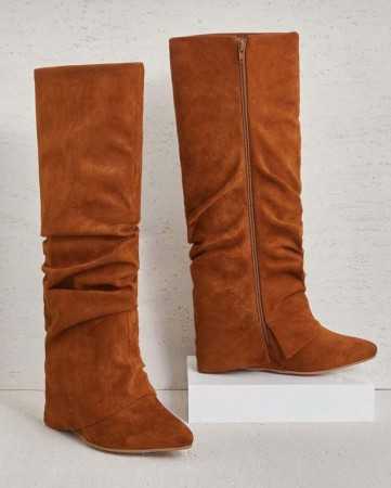 Chaussures femme Bottes hautes en suédine camel avec talon compensé – Misskcy