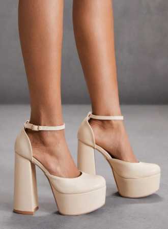 CHAUSSURES FEMME ESCARPINS TALONS HAUTS PLATFORM SIMILI CUIR SOIREE MARIAGE MISS MERRY NUDE BEIGE