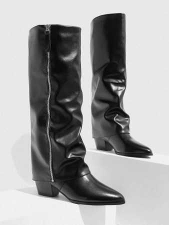 Bottes noires hautes à bout pointu et talon épais, style cavalière sexy