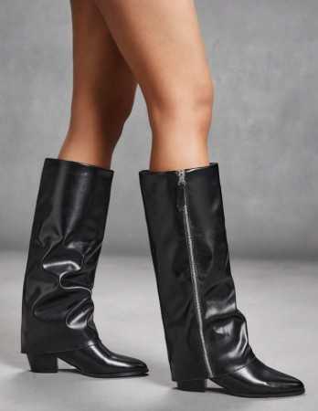 Bottes noires hautes à bout pointu et talon épais, style cavalière sexy