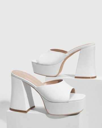 CHAUSSURES FEMME MULES TALONS HAUTS PLATFORM SIMILI CUIR SOIREE MARIAGE MISS MICHELLE BLANC