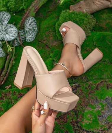 CHAUSSURES FEMME TALON HAUT MULES BEIGE SIMILI CUIR MISS MICHELLE