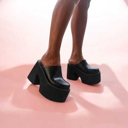 SABOT MULES A TALON PLATFORM COMPENSSE SIMILI CUIR NOIR MISS SHAY