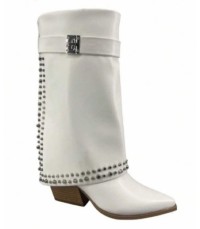 CHAUSSURES FEMME BOTTES BOTTINES POINTUE TALON REVERS  CLOUTEES MISS CARINE BLANC
