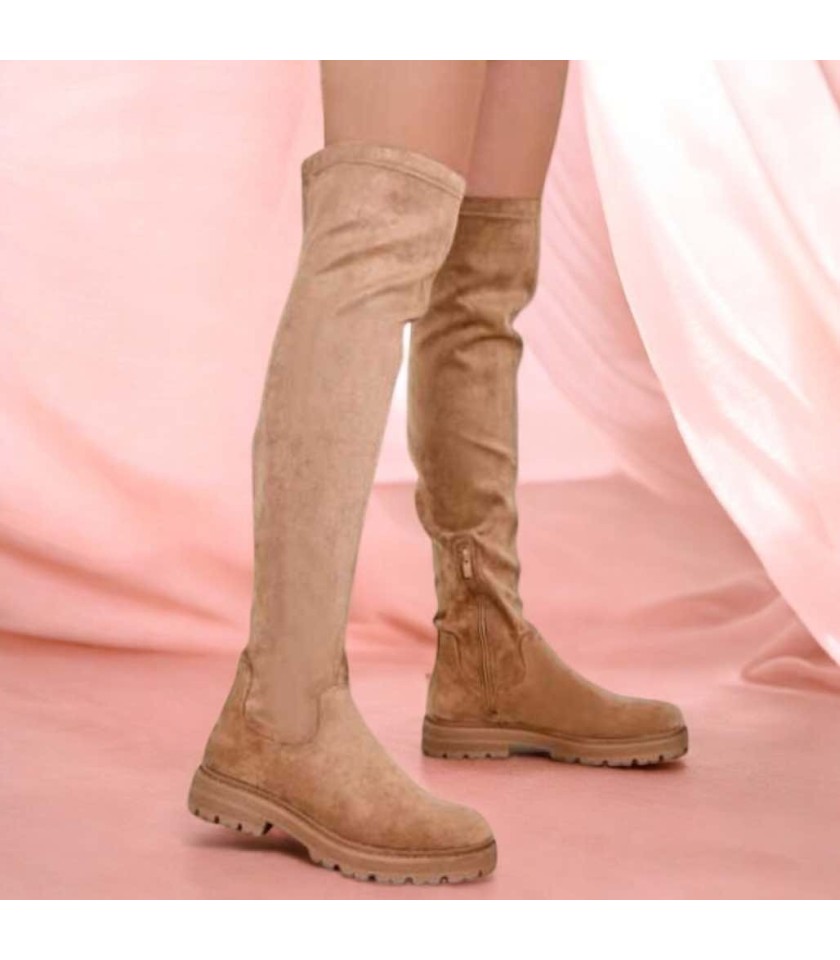 CHAUSSURES FEMME BOTTES HAUTES CUISSARDES PLATES SIMILI DAIM INTEMPORELLES MISS ARIANA CAMEL