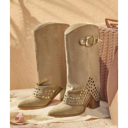 CHAUSSURES FEMME BOTTES MI HAUTES WESTERN CLOUTEE MISS CLEO BEIGE