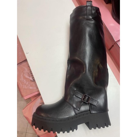 CHAUSSURES FEMME BOTTES HAUTES BICKER SIMILI CUIR NOIR BOUCLES MISS MARJO PROMO