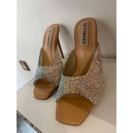 CHAUSSURES FEMMES MULES STRASS NUDE BEIGE PLEXIS STRASS SOIREE MARIAGE PROMO